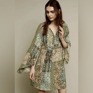 Anthropologie NWOT Green Floreat Dress Amelie 100% silk Kimono Style Boho size 4